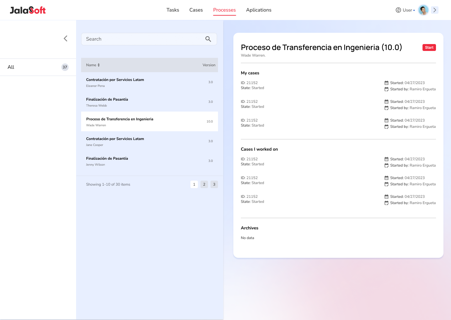 Processes screen — searchable process list with my cases and cases I worked on