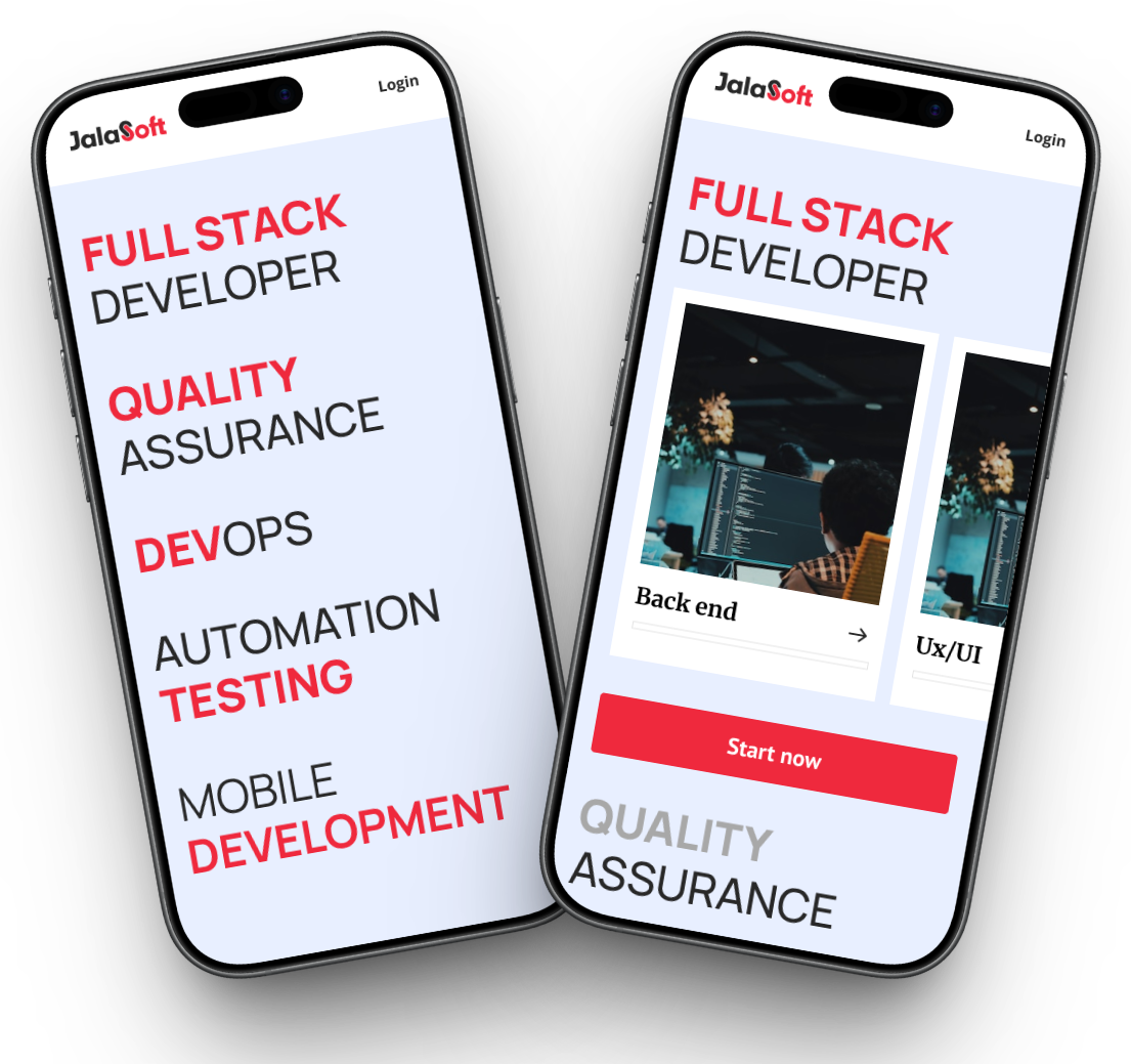 Student app on two phones, showing the course tracks Full Stack Developer, Quality Assurance, DevOps, Automation Testing and Mobile Development