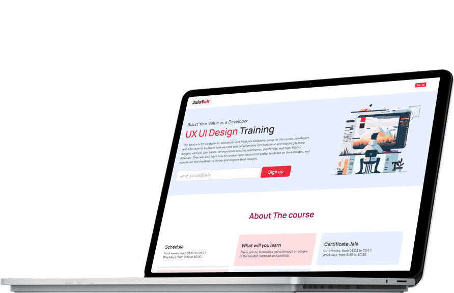 Elearn App landing page on a laptop, with a UX/UI Design Training hero and an About the course section