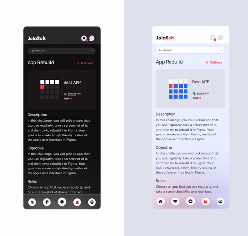 App Rebuild challenge screen shown in light and dark mode, built on the system's new color tokens