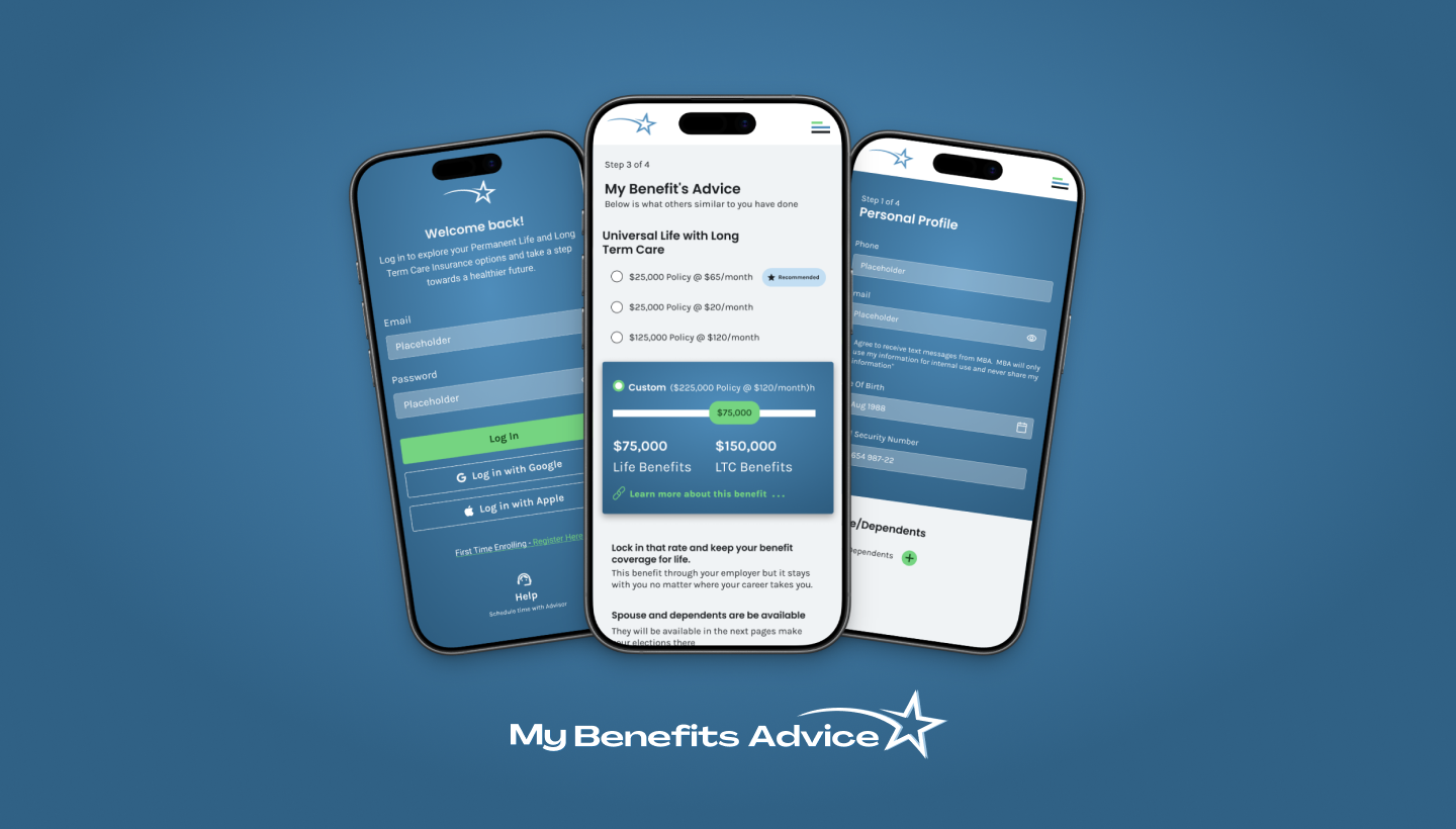 Three iPhone mockups side by side — login, plan selection with slider, and personal profile screens