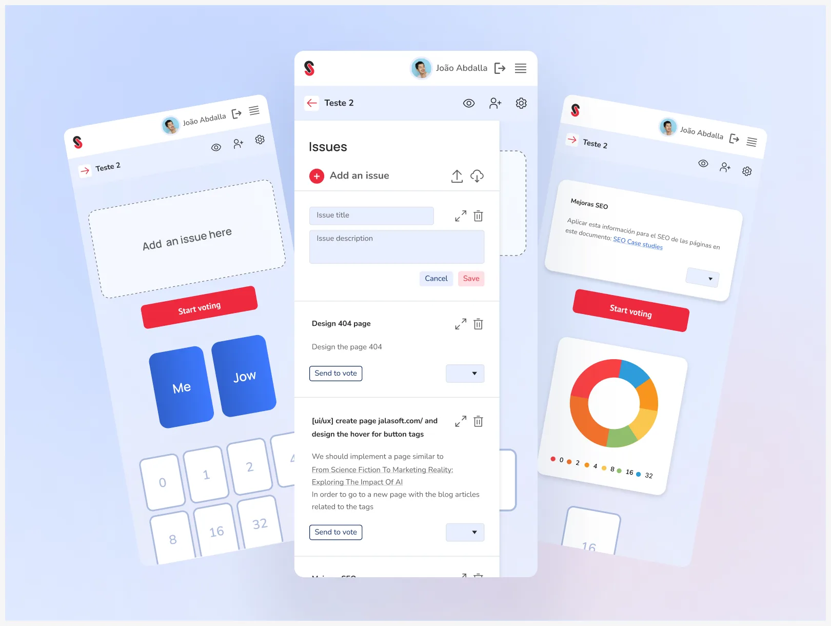 Mobile screens used in usability testing: issues list, voting and results chart