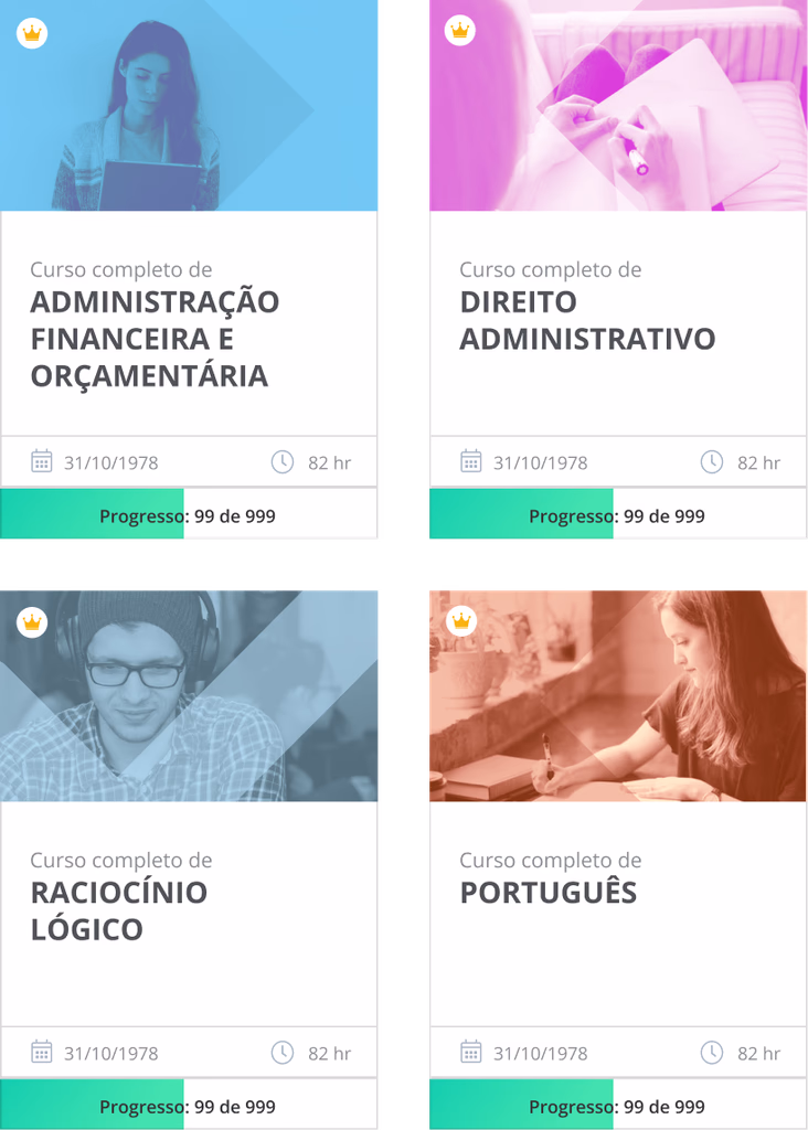 Redesigned course cards, each showing thumbnail, title, duration and progress bar