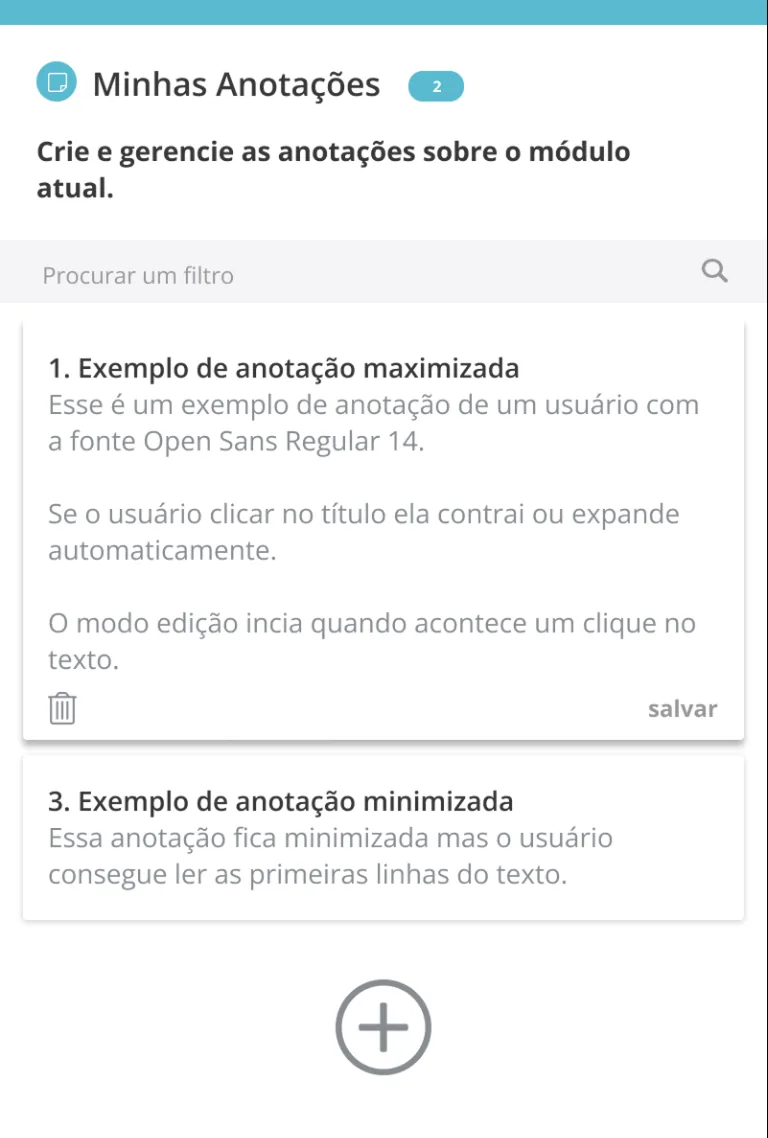 Side notes panel — 'Minhas Anotações' — timestamped notes per lesson, expandable and collapsible