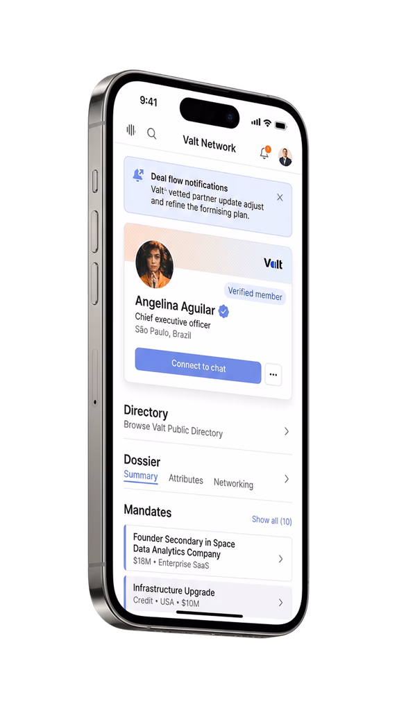 Valt Network mobile: deal flow notification and verified profile